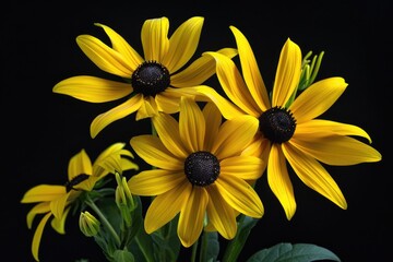 Obraz premium A bouquet of bright yellow flowers arranged in a decorative vase, suitable for decorating a room or using as a centerpiece