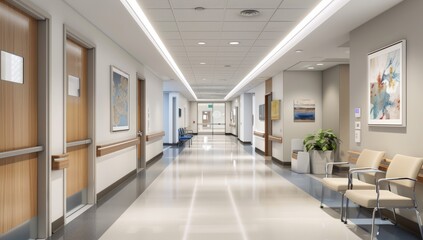 Obraz premium Modern Hospital Hallway with Bright Lighting and Minimalist Design