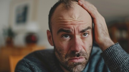 Fototapeta premium Man is concerned about early hair loss. A sad guy restlessly touches his bald head. Men's problem of baldness.