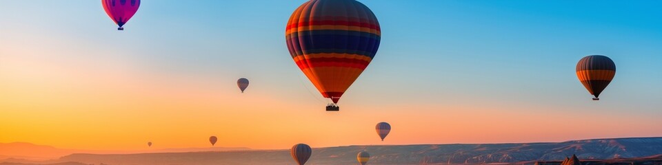 Naklejka premium Colorful hot air balloons gliding through the clear skies over Cappadocia's enchanting landscape at dawn. full ultra hd high resolution stunning crisp vivid detailed high-contrast 