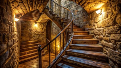 Obraz premium A dimly lit, eerily empty, steeply inclined stone staircase ascends into darkness, surrounded by aged, crumbling, moss-covered brick walls.