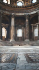 Blurred ancient Byzantine temple interior with no people, classical interior, light colors, background, wallpaper