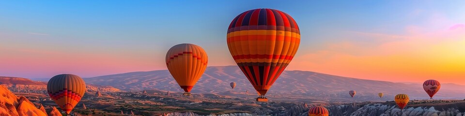 Colorful hot air balloons gliding through the clear skies over Cappadocia's enchanting landscape at dawn. full ultra hd high resolution stunning crisp vivid detailed high-contrast 