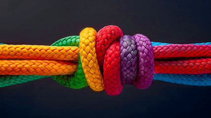 A thick multicolored rope with different strengths in different sections is stretched in different directions and tied in a knot. It is a symbol of partnership, teamwork, unity and support.