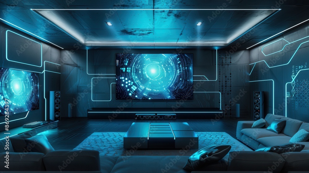 Poster a modern home theater room with stylish design and bright televisions. the room is lit with blue lig