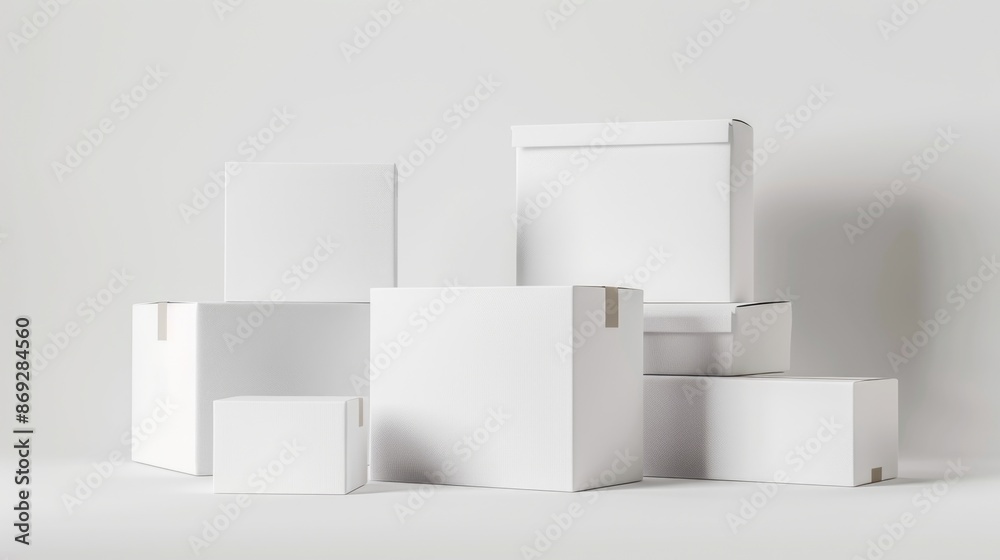 Poster A collection of small white containers stacked one on top of the other, possibly used for storage or display