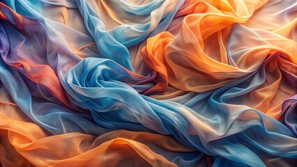 Obraz premium Softly undulating waves of crumpled transparent fabric in soothing warm pastel hues of blue, orange, and violet evoke serenity and refinement.