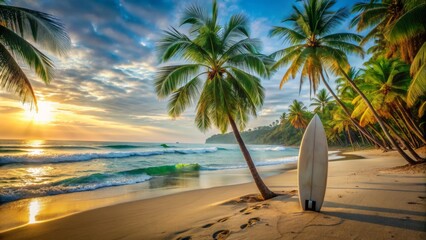 Coastal sunrise scene featuring a surfboard leaning against a beach towel-draped rock with palm trees and waves in background.