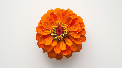 A single orange zinnia, viewed from above against a white background