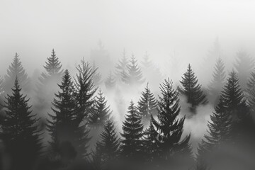 Fototapeta premium A foggy monochrome pine forest, illustrated in a flat style, tall trees shrouded in mist, varying