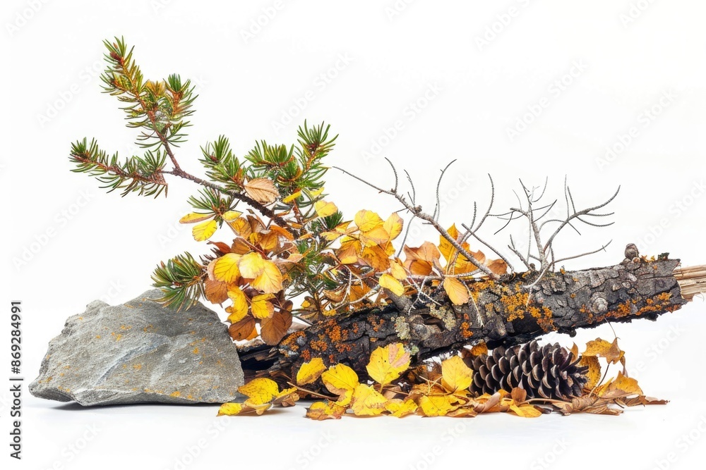 Poster a branch of a tree with yellow leaves and a pine cone