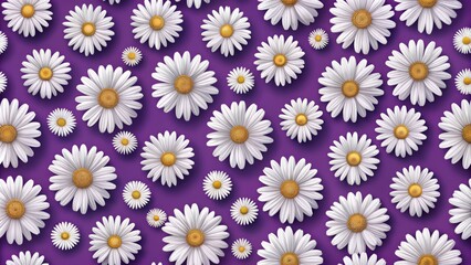 Delicate white daisy flowers scattered across rich purple background, creating a vibrant, intricate, and harmonious seamless pattern perfect for design use.