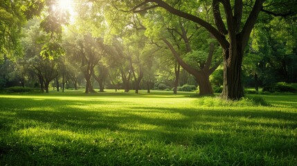 Obraz premium Park Grass Background. Trees in Summer Park with Green Grass Under Blue Sky