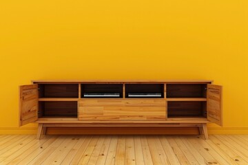 A contemporary teak wood entertainment unit with open shelves, standing in front of a mustard yellow luxury house wall.