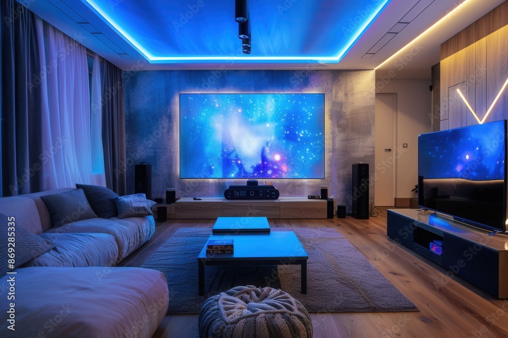 Poster a modern living room with a home theater setup featuring large, bright, and sharp tvs and a plush so