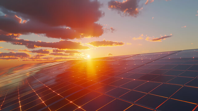 Large photovoltaic power plant at sunset with many solar panels