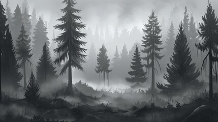 Fototapeta premium A misty monochromatic pine forest, illustrated in a vibrant cartoon style, tall trees fading into