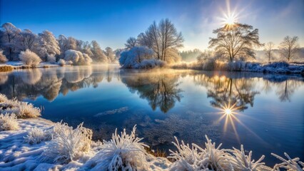 Frosty misty landscape with sparkling ice crystals scattered across a serene frozen lake on a cold winter morning light.