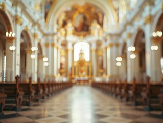 Fototapeta premium Blurred Catholic church interior with no people, classical interior, light colors, background, wallpaper 