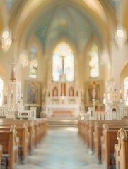 Fototapeta premium Blurred Catholic church interior with no people, classical interior, light colors, background, wallpaper 