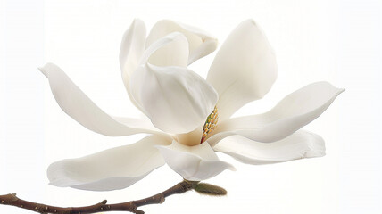 A solitary white magnolia flower, shown in profile against a white background