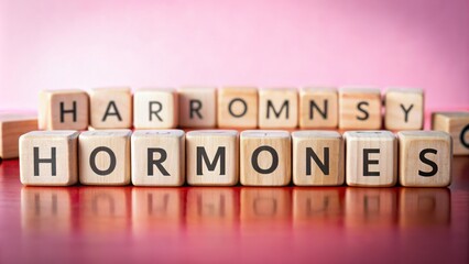 Obraz premium Colorful wooden hormone cubes scattered on a soft pink background, symbolizing balance and harmony in the human endocrine system.
