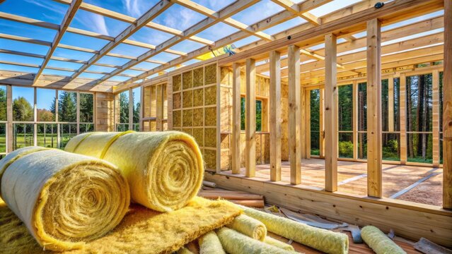 Rolls of glass wool insulation sit on floor amidst wooden beams and tools in a partially built new house construction site.