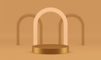 3d neutral stand golden podium with arch wall background realistic vector illustration