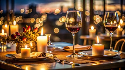 Empty elegant dinner table set with wine glass and romantic ambiance, dimly lit, waiting for someone to arrive.