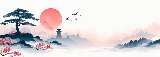 beautiful chinese art with cranes flying in the sky, mountain, blooming flower and pink sunset in background