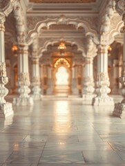 Blurred Hindu temple interior with no people, classical interior, light colors, background, wallpaper 