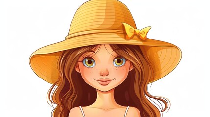 A cartoon girl wearing a straw hat.