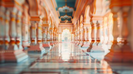 Blurred Indian temple interior with no people, classical interior, light colors, background, wallpaper