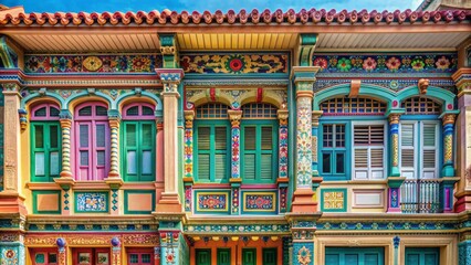 Vibrant colorful facades of traditional Peranakan shophouses with intricate ornate details and ornamental tiles in a quiet morning street scene.