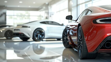 A red sports car in a car showroom.