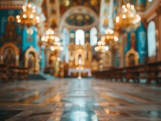 Fototapeta premium Blurred orthodox church interior with no people, classical interior, light colors, background, wallpaper