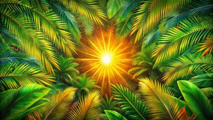 Fototapeta premium Vibrant summer sunset background featuring a stylized sun, palm tree, and leaves in a seamless abstract pattern design.