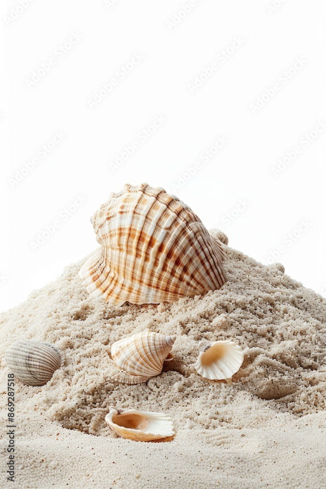 Poster a pile of sand with shells on top, often used as decorative element or in coastal themed designs