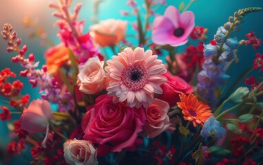 A vibrant bouquet of flowers in various colors, including pink, red, orange, and purple, on a blue background, perfect for celebrating International Womens Day