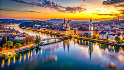 Naklejka premium Vibrant aerial cityscape of Linz Austria during spring sunset with Danube river reflections of city lights in serene atmosphere.