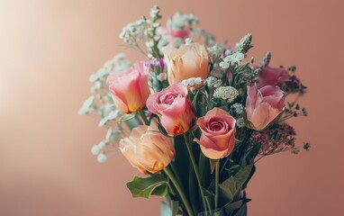 A vibrant bouquet of pink and peach roses with delicate white flowers against a warm background, perfect for celebrating International Womens Day