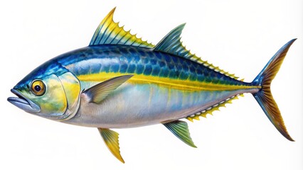 Fototapeta premium Vibrant blue and yellow Bonito fish isolated on white background with clipping path included.