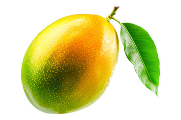 Ripe mango with green leaves and water drops isolated on white transparent background, colorful, organic, exotic, and delicious.