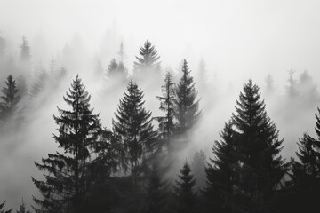 A picturesque yet haunting foggy pine forest in monochrome, the tall trees standing like silent