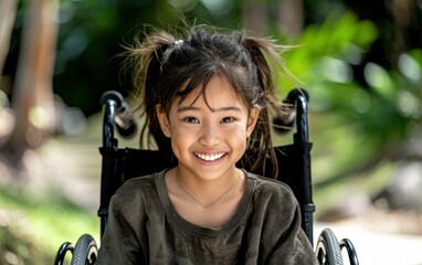 Fototapeta premium Close-up of a smiling Asian girl with pigtails in a wheelchair outdoors