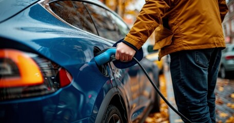 Midsection of man plugging in cable while charging electric car.