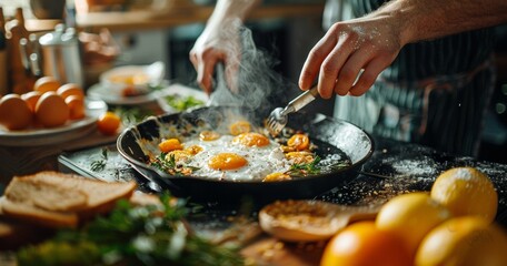 Making delicious breakfast meal with sunny side up eggs in a cast-iron skillet garnished with herbs.