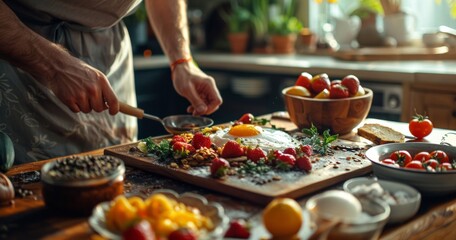 Making delicious breakfast meal with sunny side up eggs and fruit with herbs.