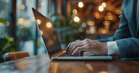 Businessman in suit using laptop on white table in modern office. --ar 17:9 --style raw --stylize 300 Job ID: d67aab6e-9a27-4764-9319-1d6e91650f80