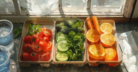 lunch box with vegetables and fruits on table. Healthy eating habits concept.